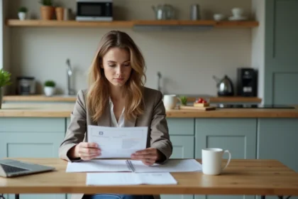 Femme en blazer et jeans examine ses documents financiers à la maison