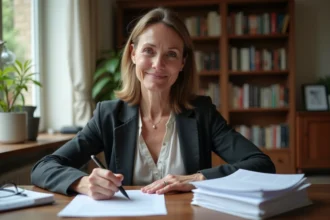 Femme d'âge moyen remplissant un formulaire d'impots à domicile