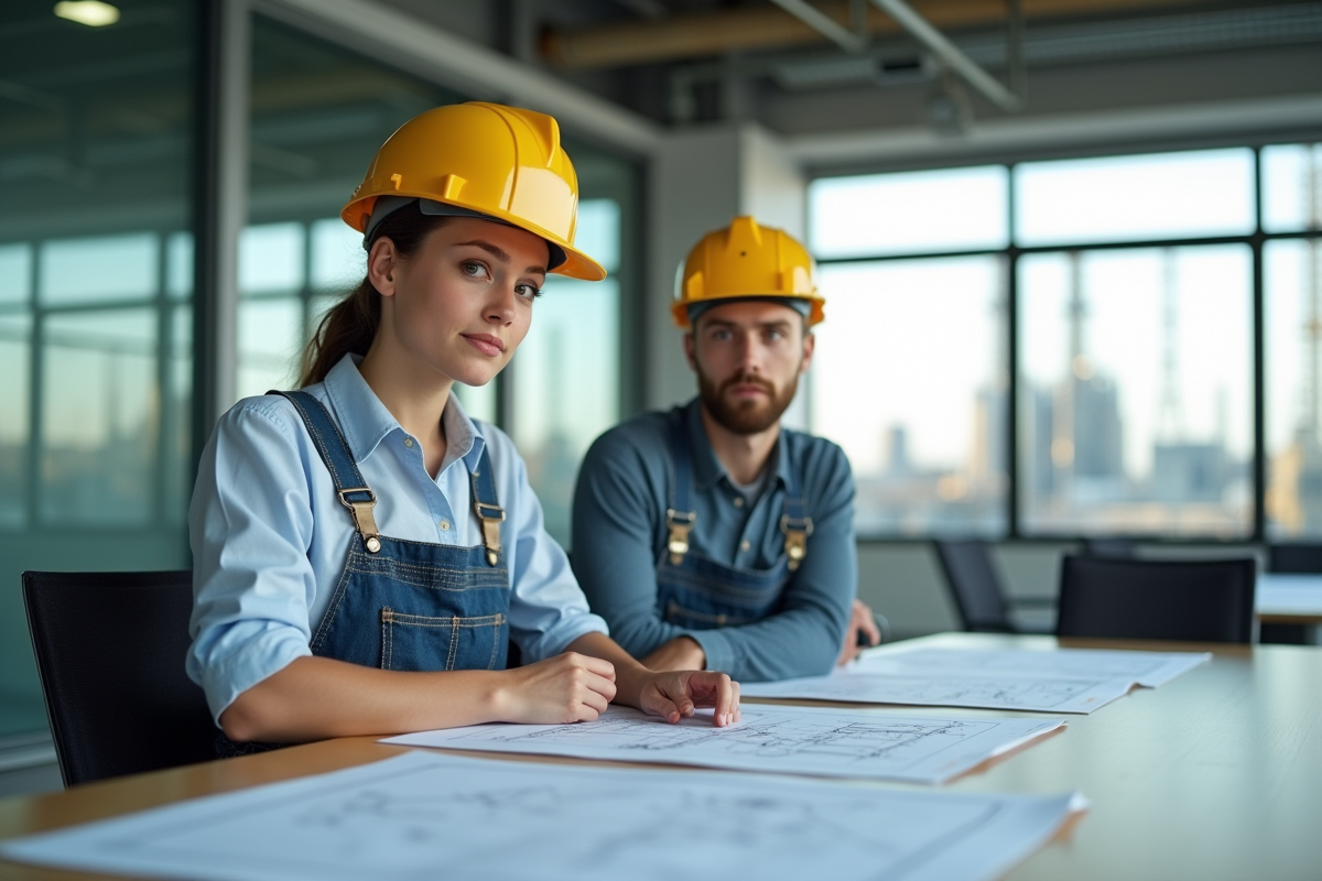 Jeune femme en overalls examinant des plans dans un bureau