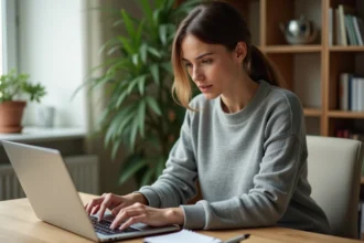 Femme utilisant un ordinateur portable pour s'inscrire sur un site de sondages rémunérés comme Swagbugs, assise à un bureau en bois dans un bureau à domicile moderne