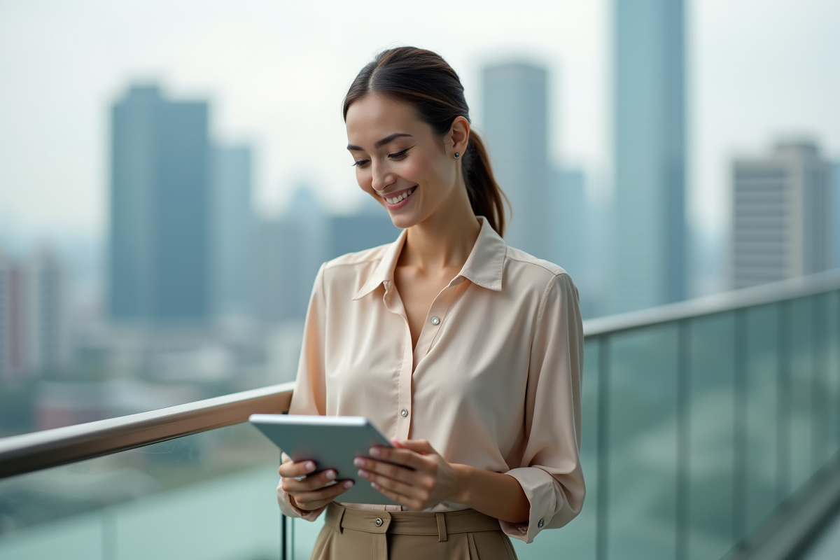 Femme souriante avec tablette sur balcon en ville