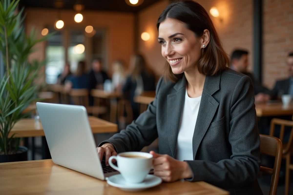 Femme investisseur consultant une plateforme d'investissement en ligne dans un café urbain