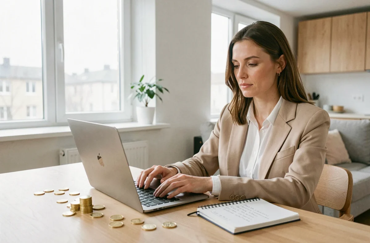 Femme investisseur analysant le prix de l'or sur un ordinateur portable avec des pièces d'or sur la table