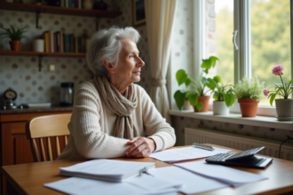 Femme d'environ 60 ans lisant des papiers dans la cuisine