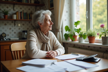 Femme d'environ 60 ans lisant des papiers dans la cuisine