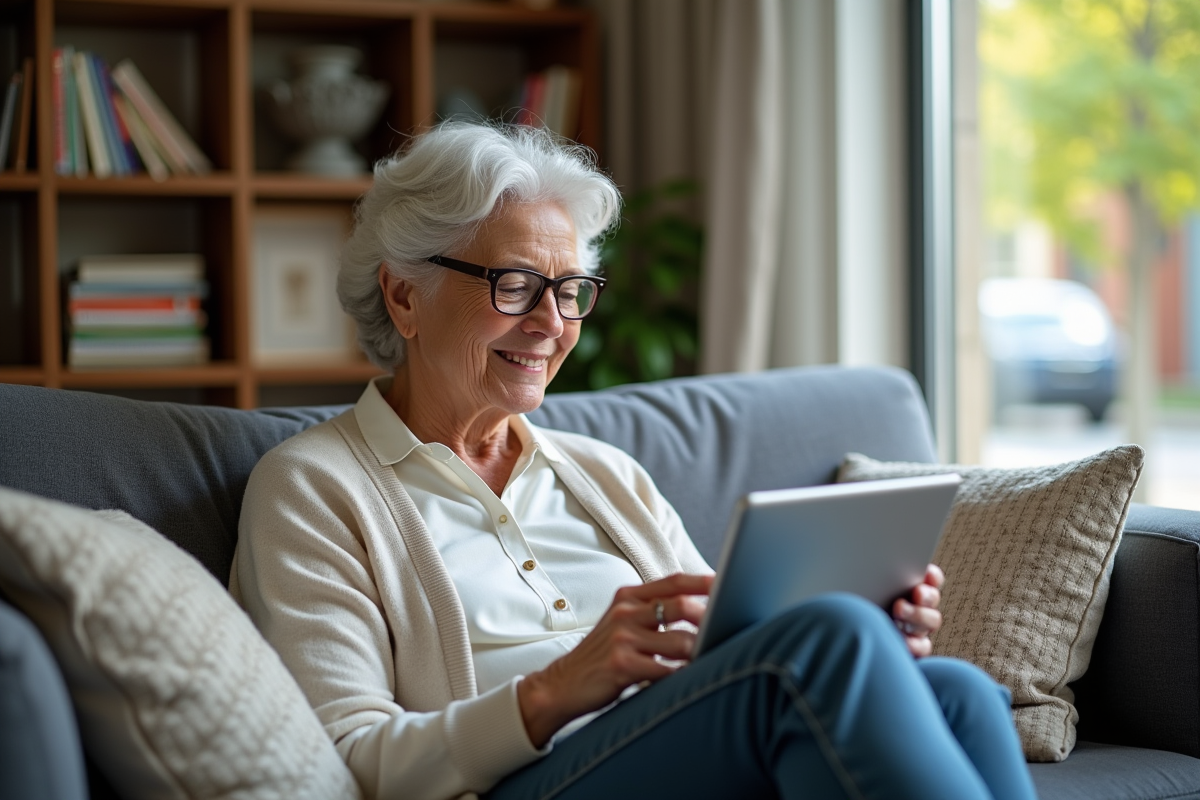 Seniore lisant une tablette dans un salon cosy