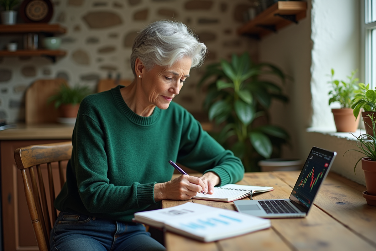 Femme d age moyen prenant des notes sur crypto à la maison