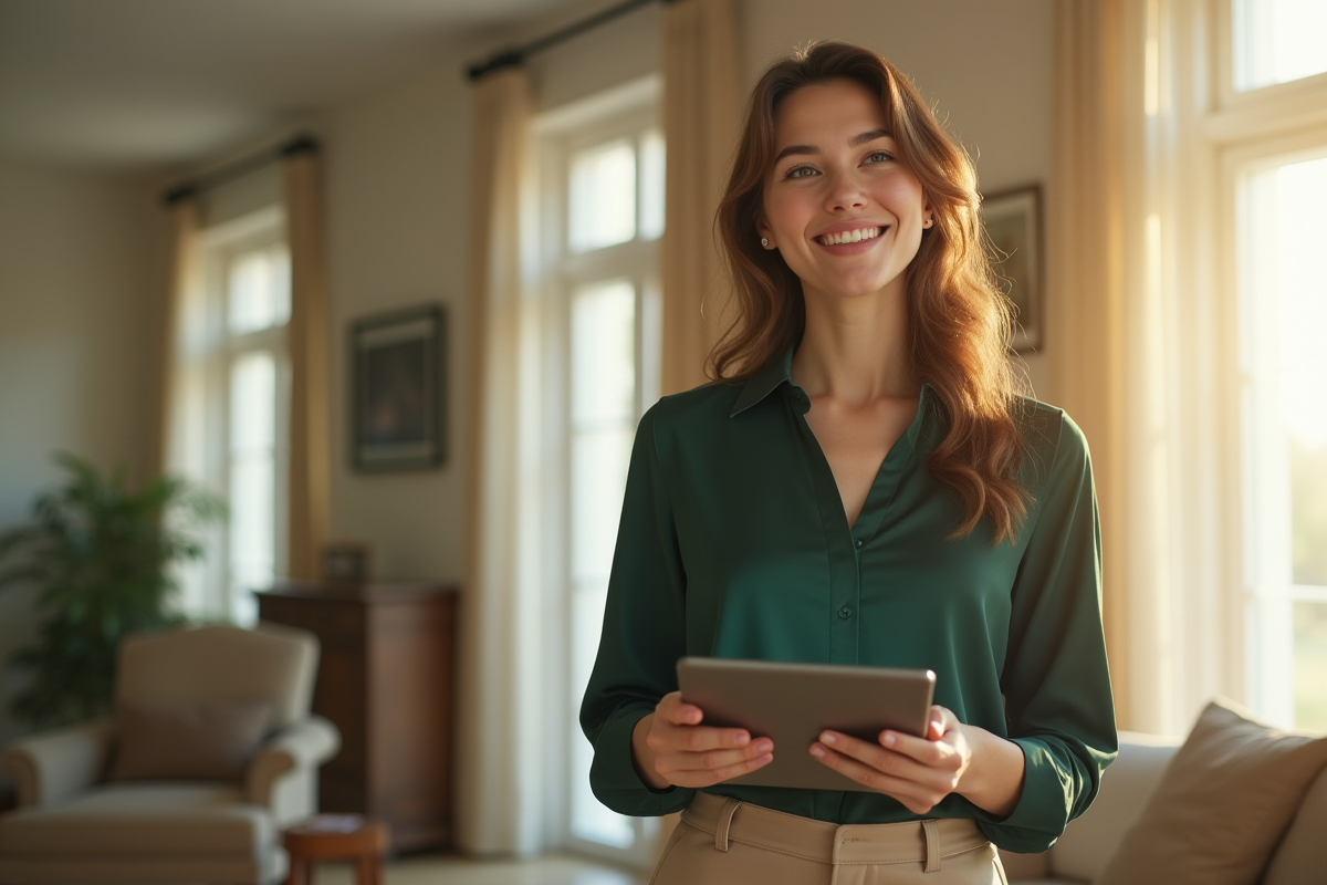Jeune femme souriante tenant une tablette avec graphique S&P 500