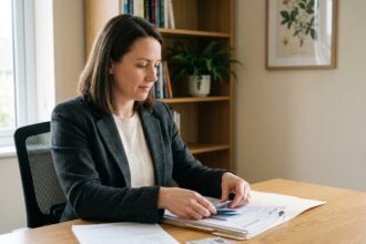 Femme en bureau organisé avec documents et plantes