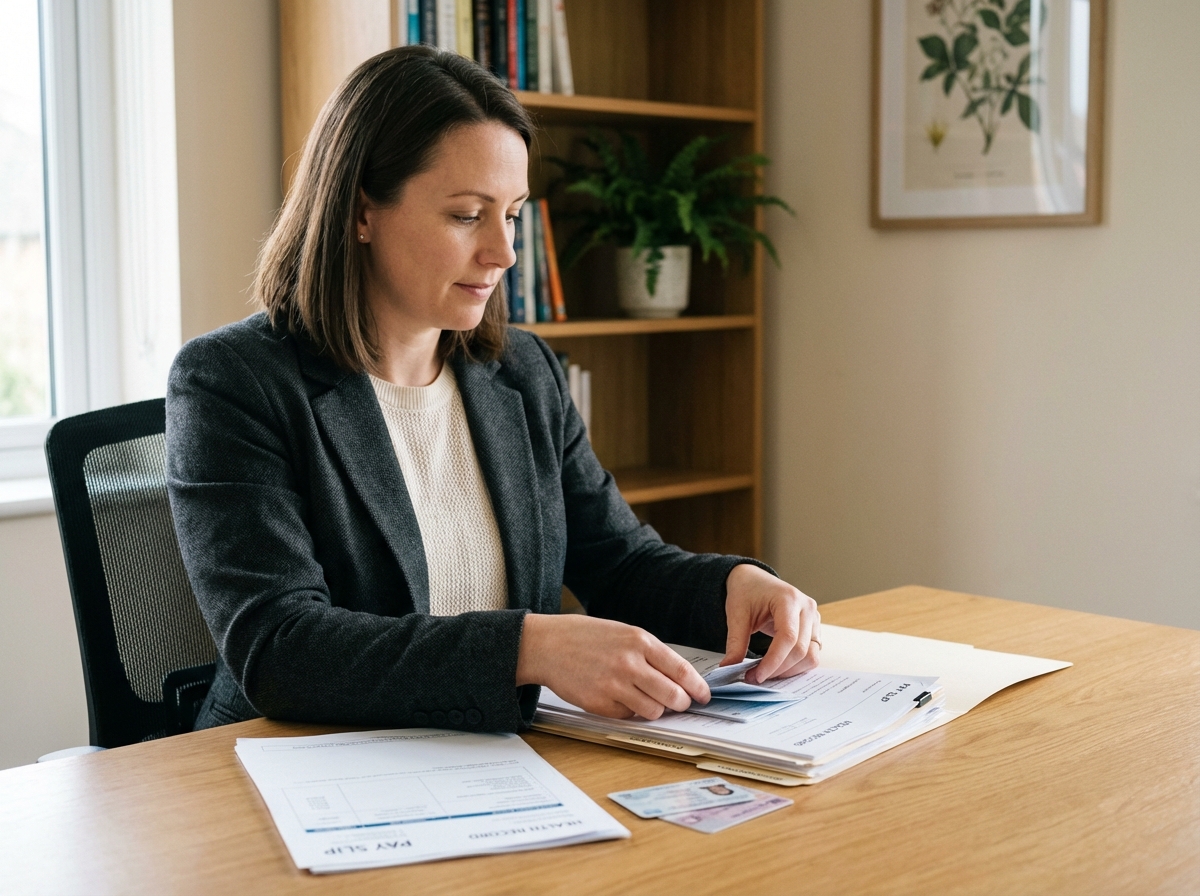 Femme en bureau organisé avec documents et plantes