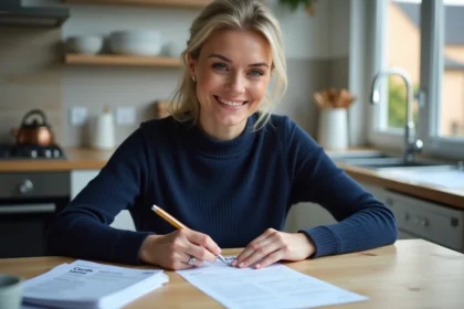 Femme préparant ses impots dans la cuisine chaleureuse