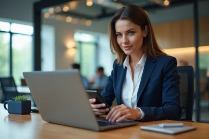Femme d'affaires utilisant un ordinateur dans un bureau moderne