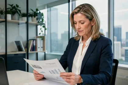 Femme professionnelle en blazer marine analysant des documents de placement SCPI dans un bureau moderne