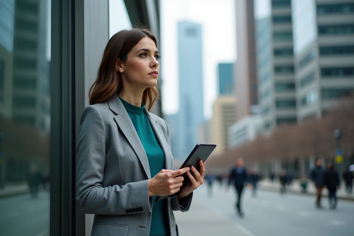 Jeune femme professionnelle regardant une tablette en ville