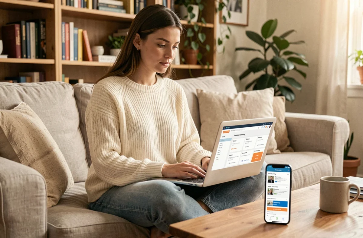 Jeune femme comparant des offres d'assurance emprunteur en ligne depuis son canapé à domicile