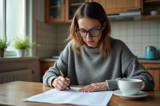 Femme lisant son relevé d'indemnisation Pôle emploi à la table de cuisine