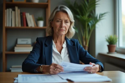 Femme qui consulte ses relevés de compte La Banque Postale à son bureau pour anticiper l'impact des nouveaux tarifs 2026 sur son budget