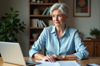 Femme d'âge moyen examinant des documents de pension à la maison