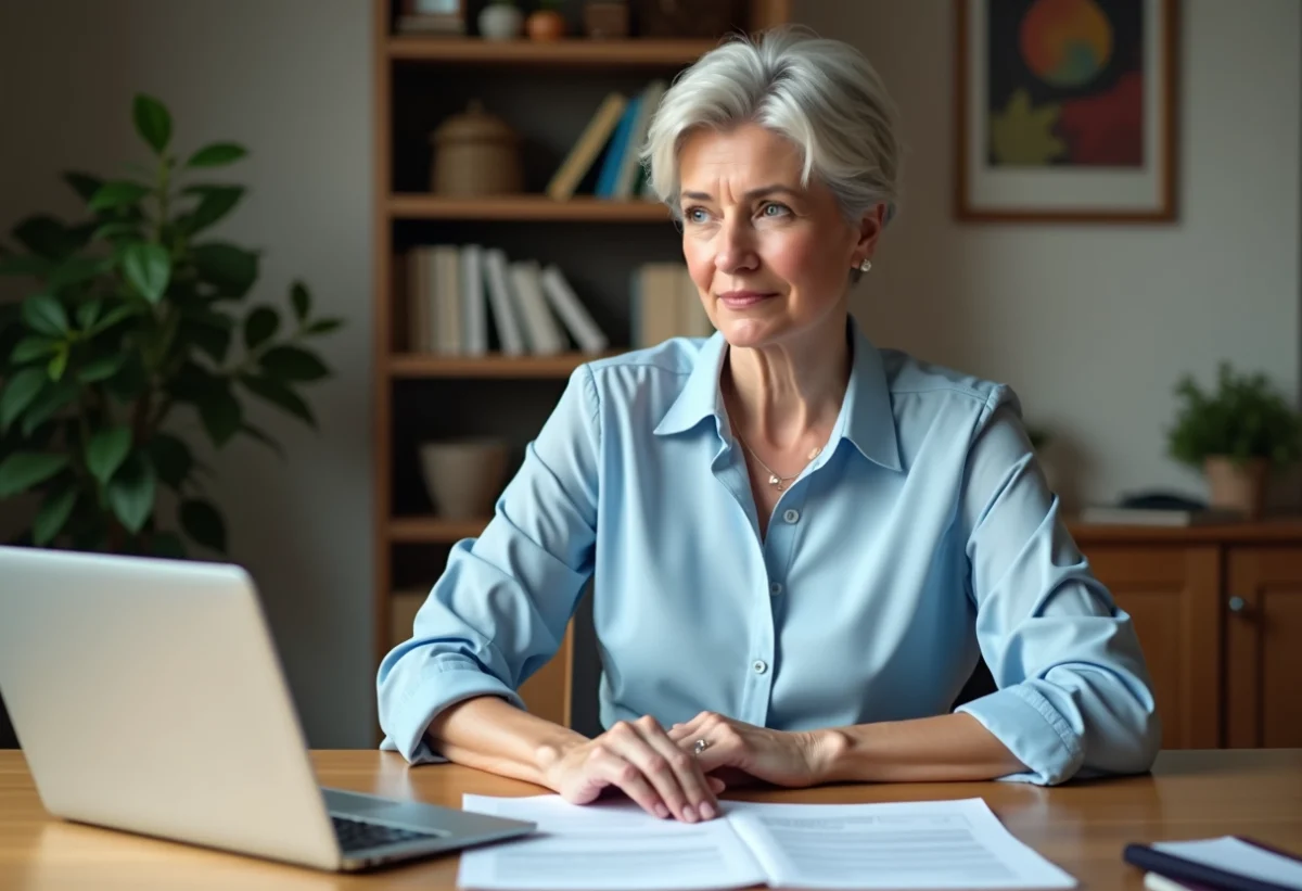Femme d'âge moyen examinant des documents de pension à la maison