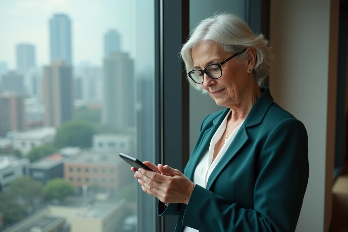 Femme senior activant l'espace client CIC sur smartphone près d'une fenêtre