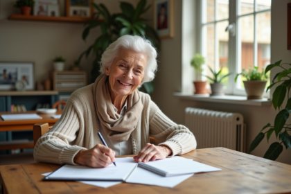 Femme senior souriante lisant et écrivant à la maison