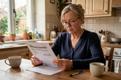 Femme senior lisant un document de mutuelle communale à sa table de cuisine