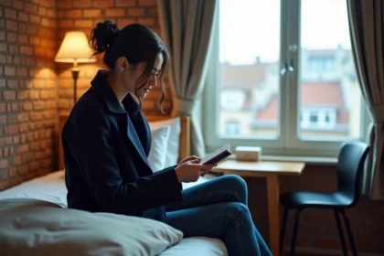 Jeune femme pensant avec son passeport dans une chambre d'auberge