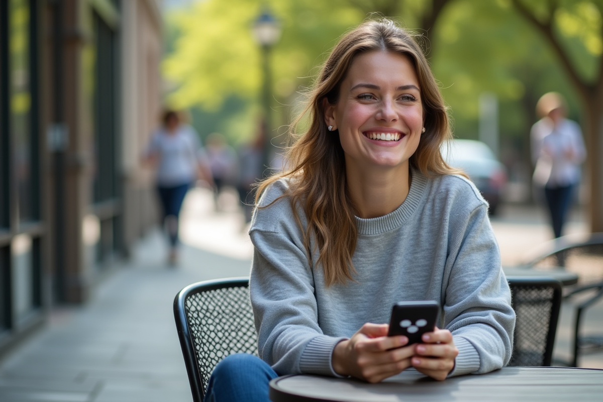 Femme souriante avec smartphone affichant Ripple dans un café en plein air