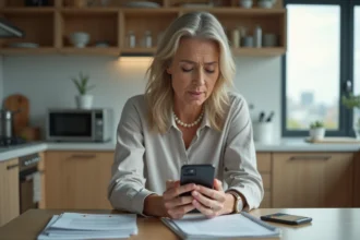 Femme d'âge moyen au téléphone dans une cuisine moderne