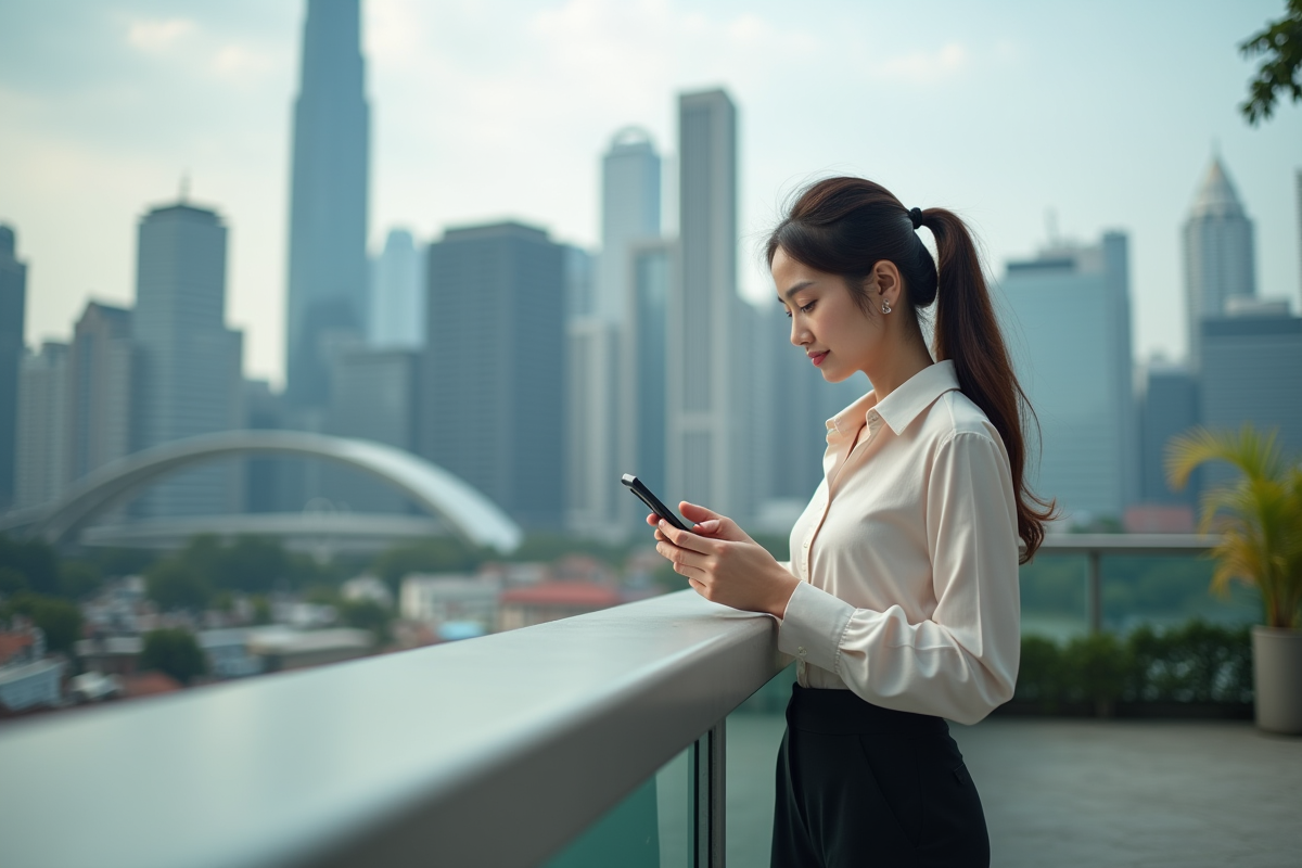 Jeune femme vérifiant une application boursière sur son smartphone en terrasse