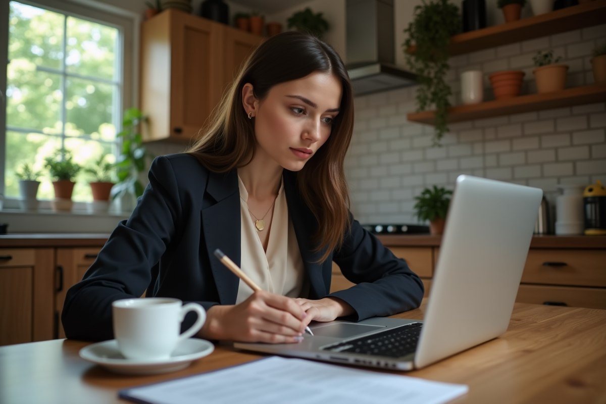 Jeune femme au travail à la maison avec ordinateur