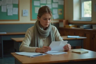 Femme d'âge moyen en tenue casual regardant son bulletin de salaire