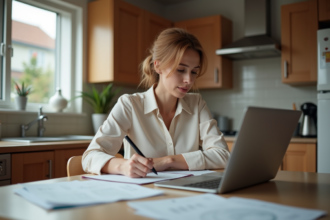Femme réfléchissant à des documents dans une cuisine moderne