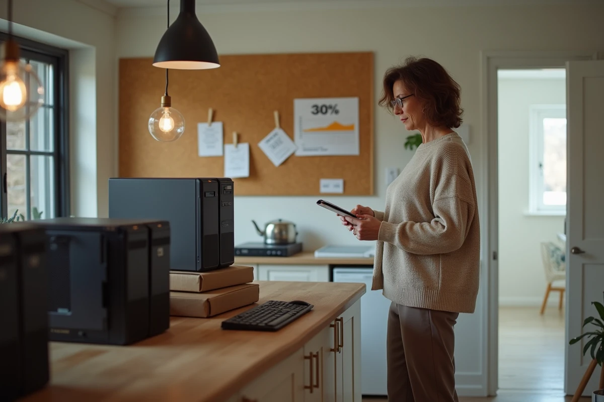 Femme vérifiant un budget avec composants informatiques dans la cuisine