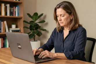 Femme consultant les plafonds de virement instantané sur son ordinateur portable depuis son bureau à domicile