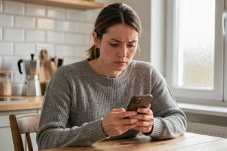 Femme consultant son smartphone pour vérifier un virement instantané Caisse d'Épargne depuis sa cuisine