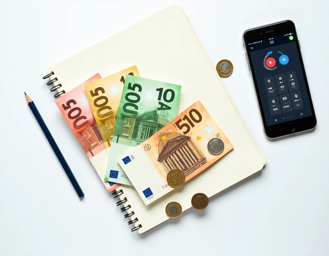 Vue du dessus de billets et pièces en euros triés et organisés sur une surface blanche avec un carnet de calcul et un simulateur de répartition sur smartphone