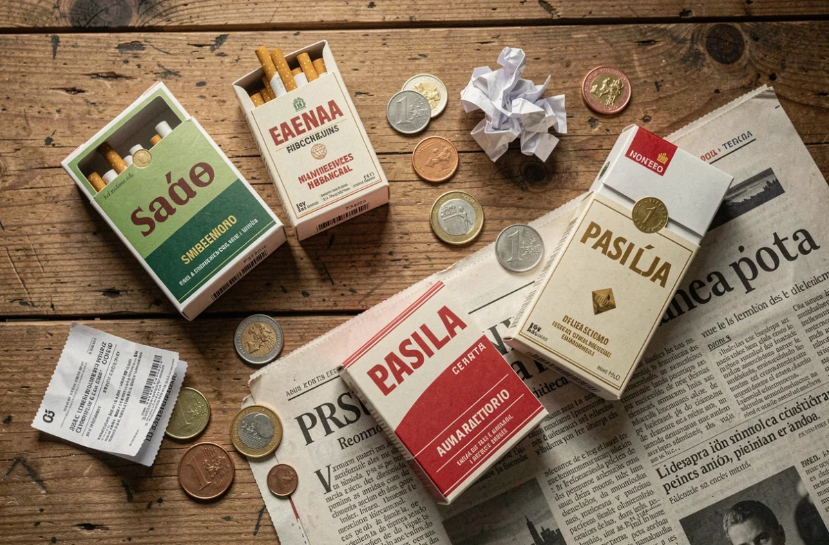 Vue de dessus de paquets de cigarettes espagnols avec pièces en euros et reçus illustrant la hausse des prix du tabac en Espagne 2026
