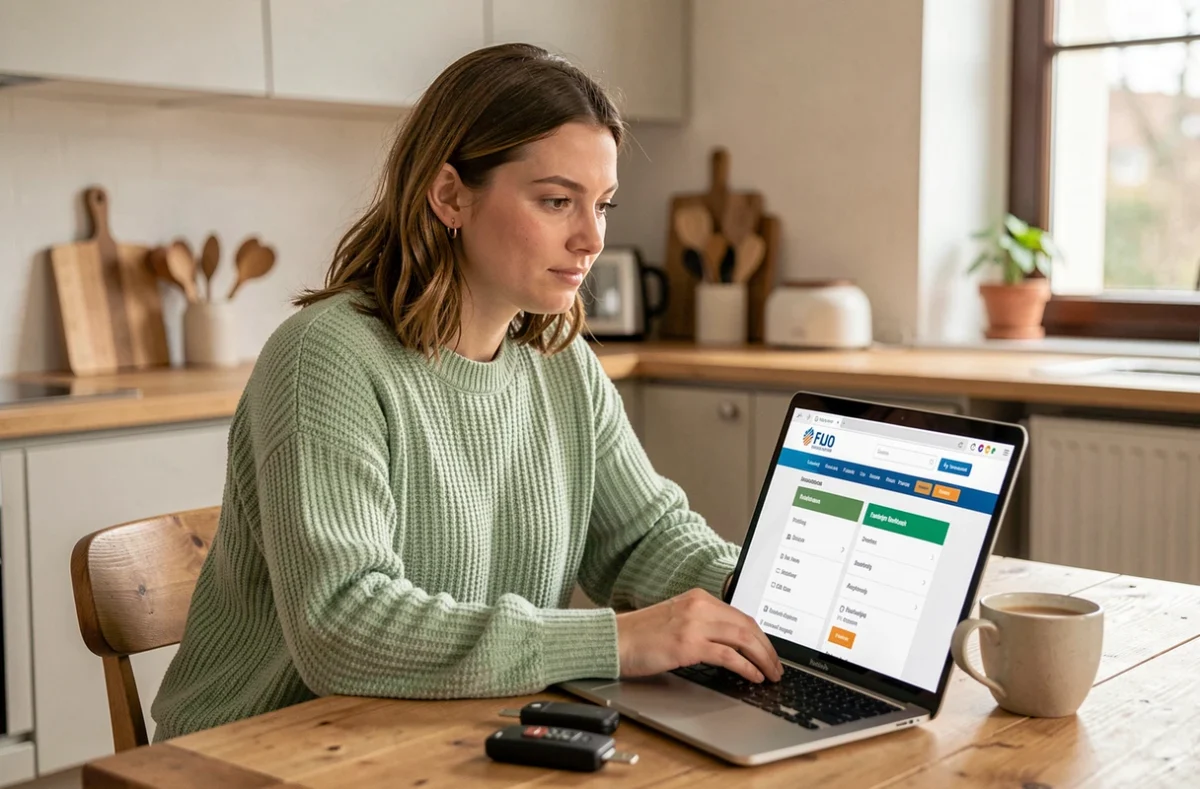 Jeune femme comparant des offres d'assurance auto sur le site Fluo depuis sa cuisine
