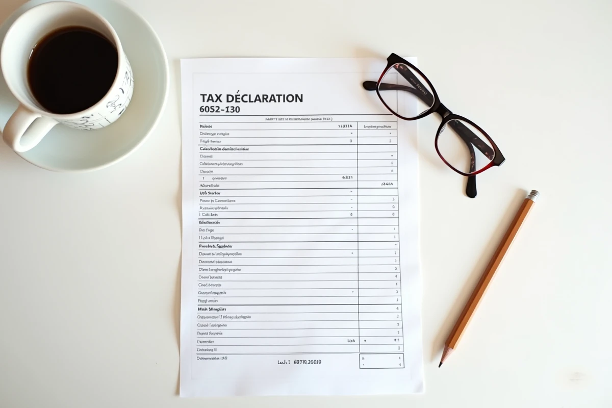 Formulaire de déclaration fiscale française avec la ligne 2BH visible sur une table, accompagné de lunettes et d'un crayon