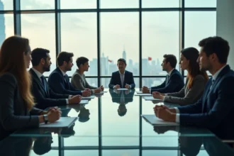 Groupe d'adultes en réunion dans un bureau moderne avec vue urbaine