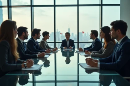 Groupe d'adultes en réunion dans un bureau moderne avec vue urbaine