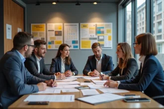 Groupe de travailleurs belges en réunion au bureau