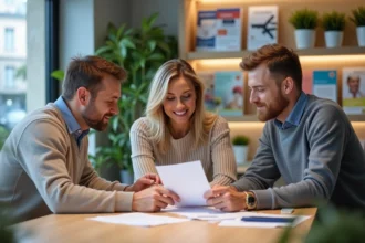 Groupe de trois personnes discutant dans une agence de crédit