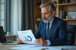 Homme d'affaires en costume analysant un graphique S