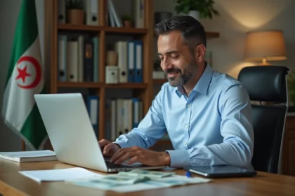 Homme algérien vérifiant les taux de change dinar au bureau