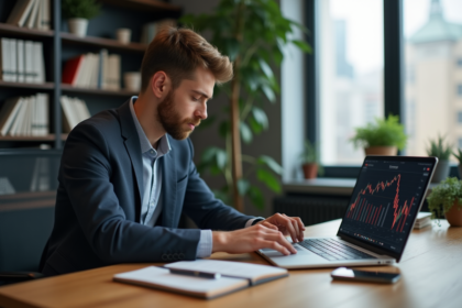 Jeune homme analysant des graphiques crypto sur son ordinateur