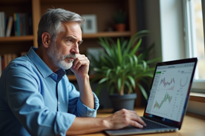 Homme concentré étudiant des graphiques de performance