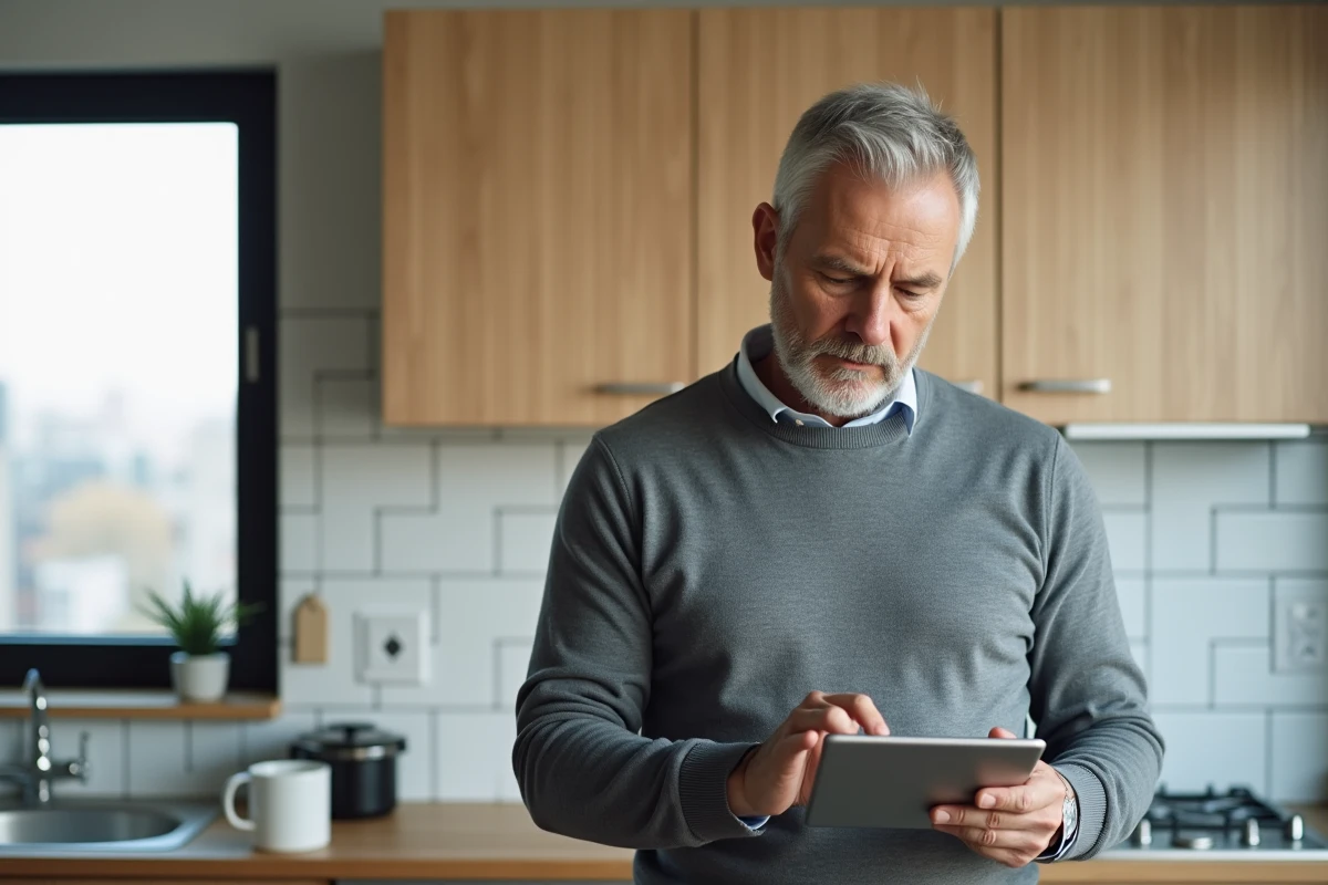 Homme consultant l'application mobile de La Banque Postale sur tablette dans sa cuisine pour comparer les nouveaux tarifs bancaires 2026