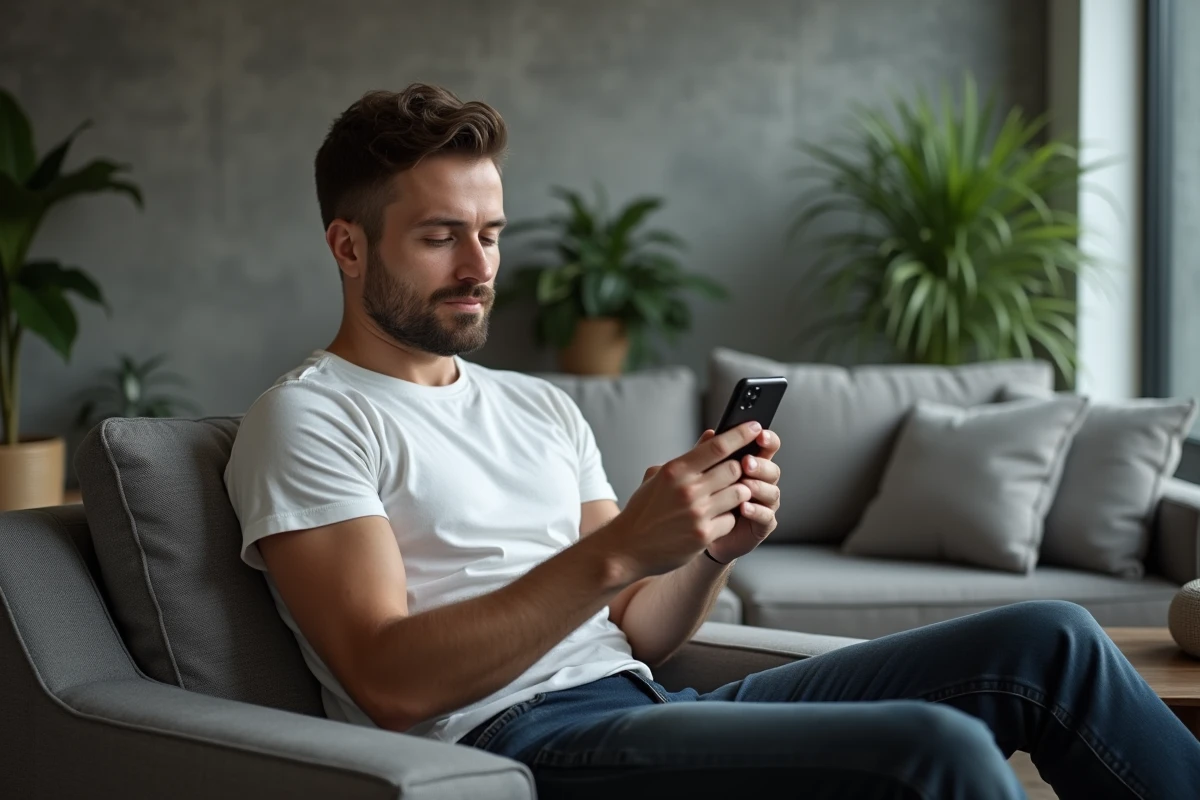 Homme consultant une application de sondages rémunérés sur son smartphone dans un salon contemporain, illustrant l'utilisation de plateformes comme Swagbugs au quotidien